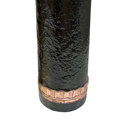Close-up of a cylindrical black textured item with a copper-toned ridged band near the bottom, shown on a plain white background.