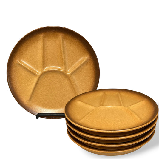 Set of brown-coloured plates with divided sections and textured surface on a white background