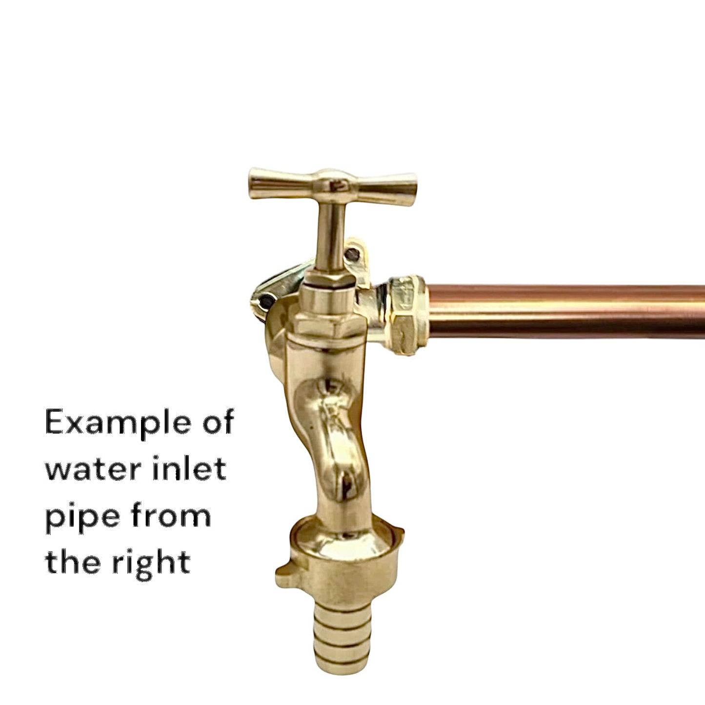 A brass water inlet pipe fitting with a cross handle and copper pipe section, shown on a white background with the text 'Example of water inlet pipe from the right'.