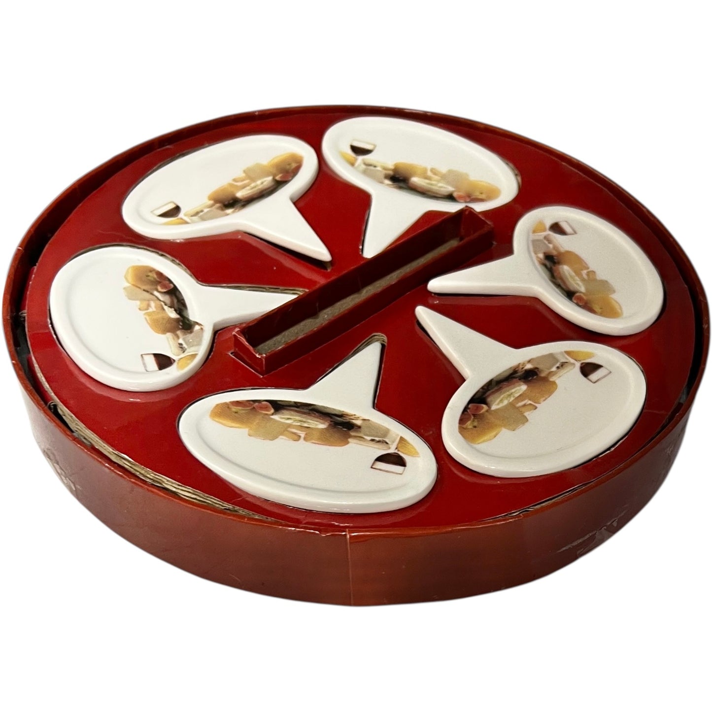 Round red tray with white compartments featuring cheese labels on a white background