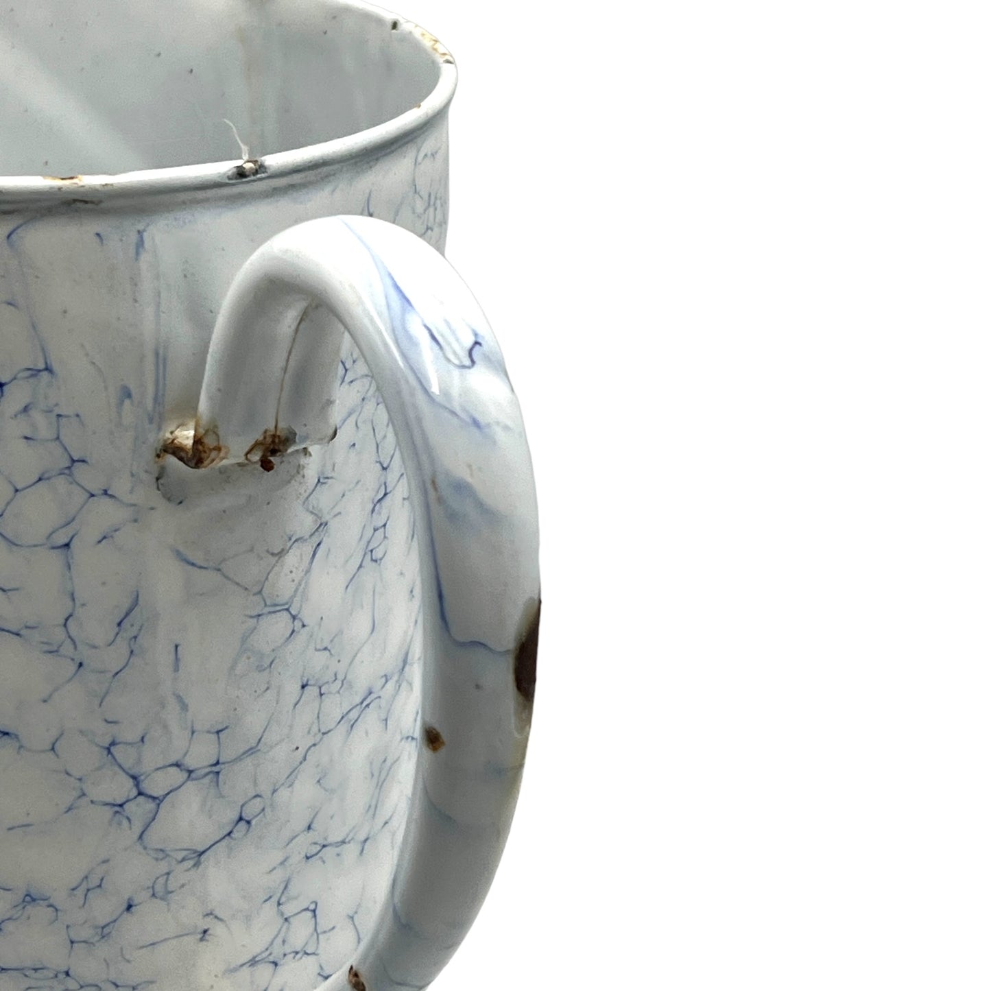 French vintage blue and white irrigator douche with a small spout, flat back and hanging hook