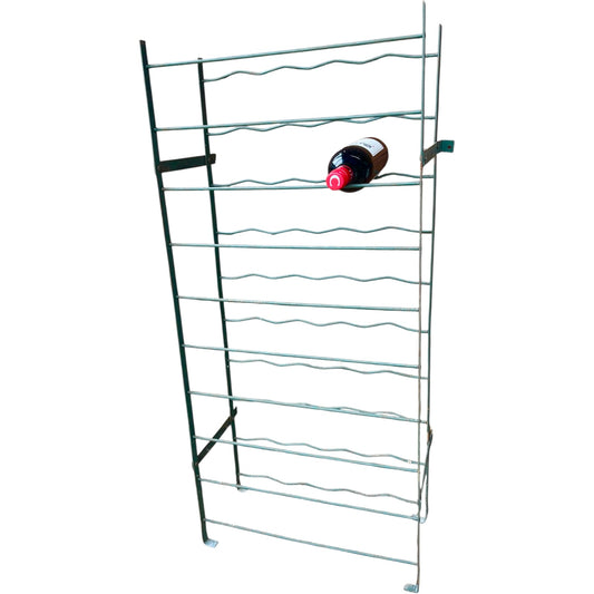 Metal wine rack with a single bottle on a white background