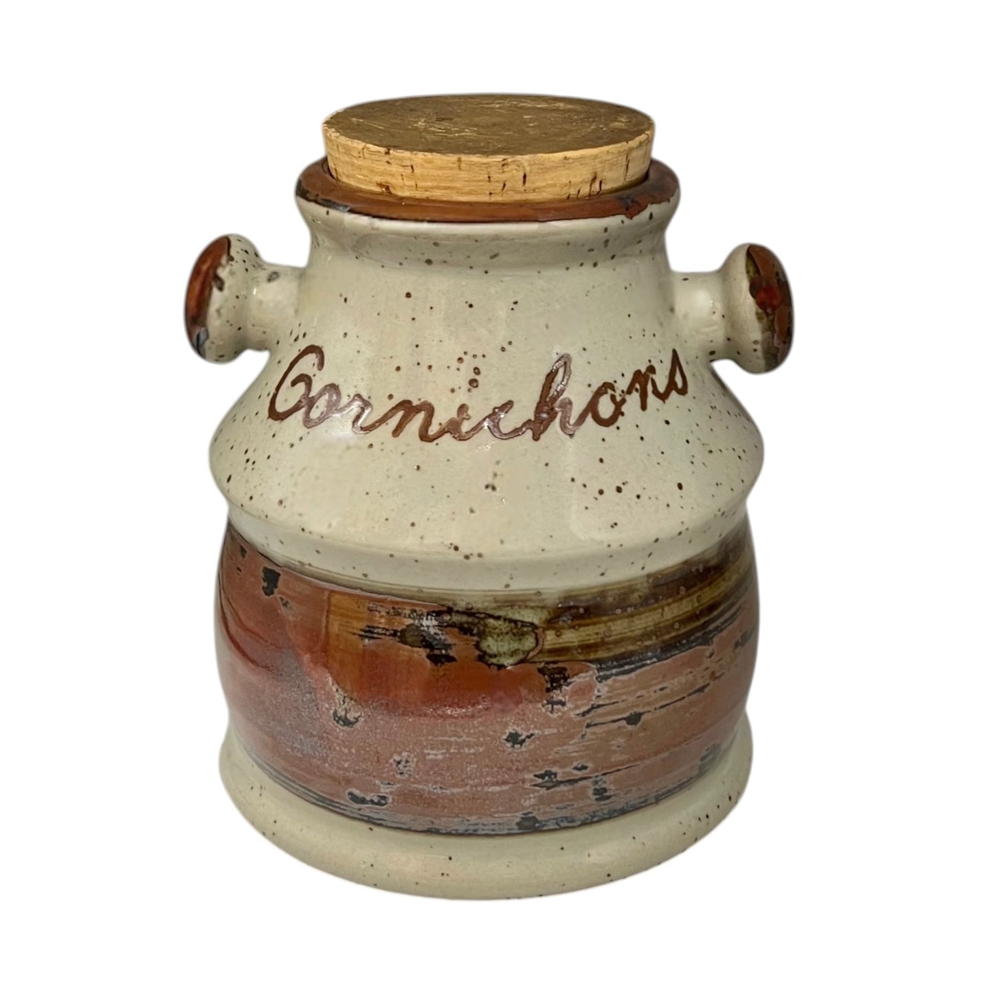 Vintage French cornichon pickle jar with cork lid on a white background