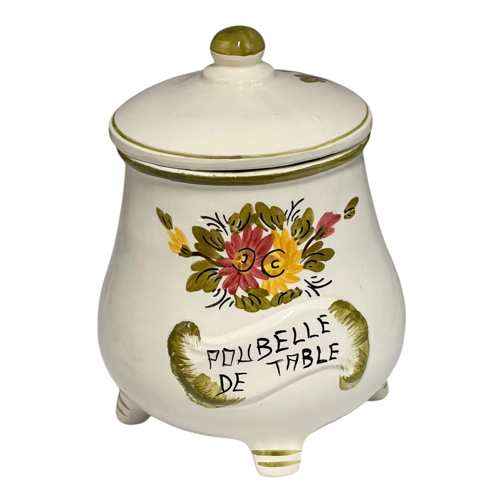 Decorative ceramic jar with floral design and text on a white background