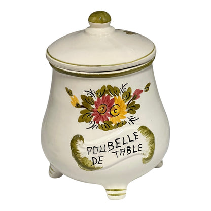 Decorative ceramic jar with floral design and text on a white background
