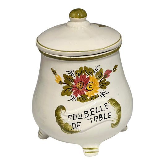 Decorative ceramic jar with floral design and text on a white background