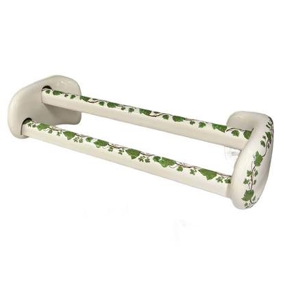 Decorative porcelain double towel rail with green leaf pattern on a white background for sale from All Things French Store