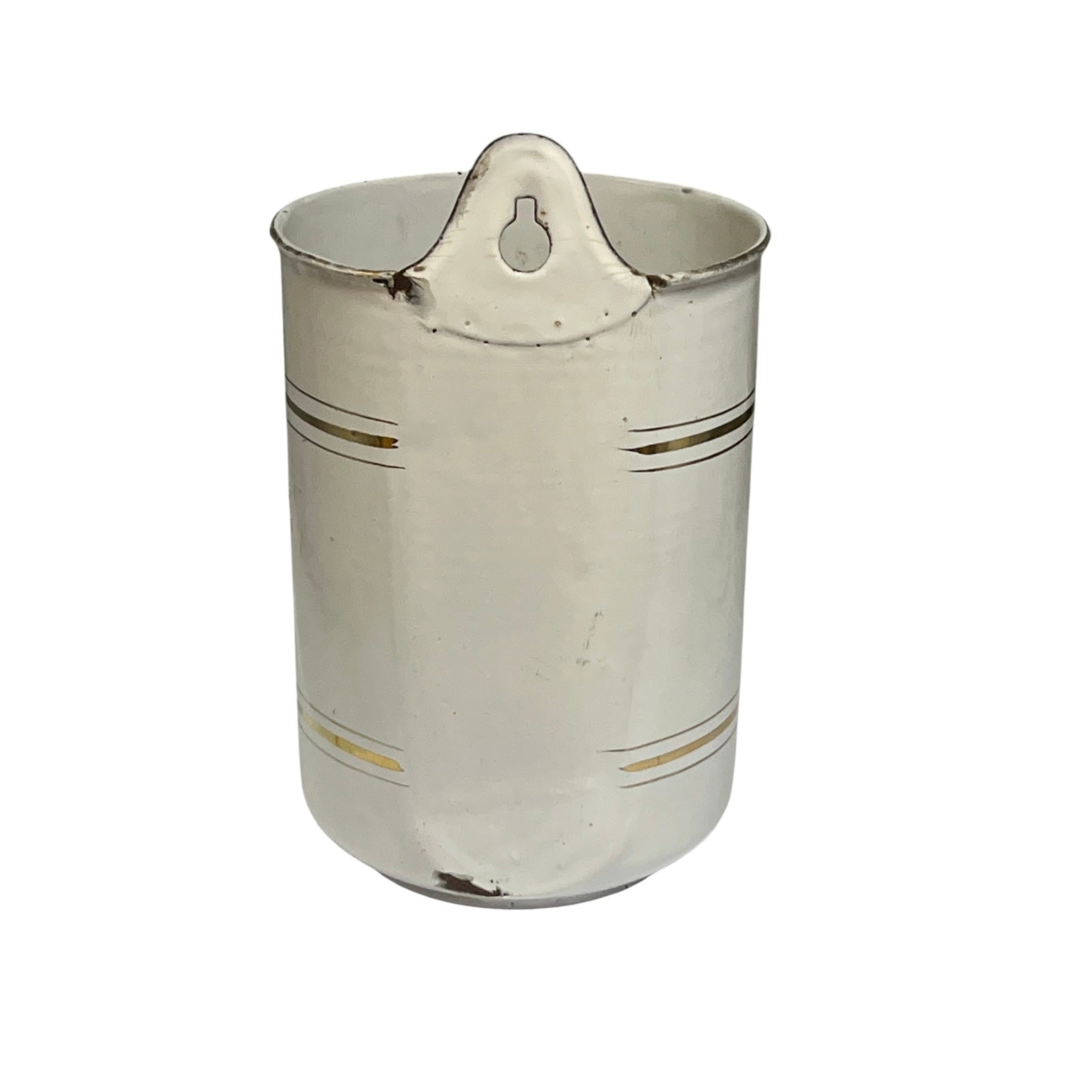 A vintage enamel pot with a loop handle on the rim and thin gold decorative stripes, shown against a plain white background.