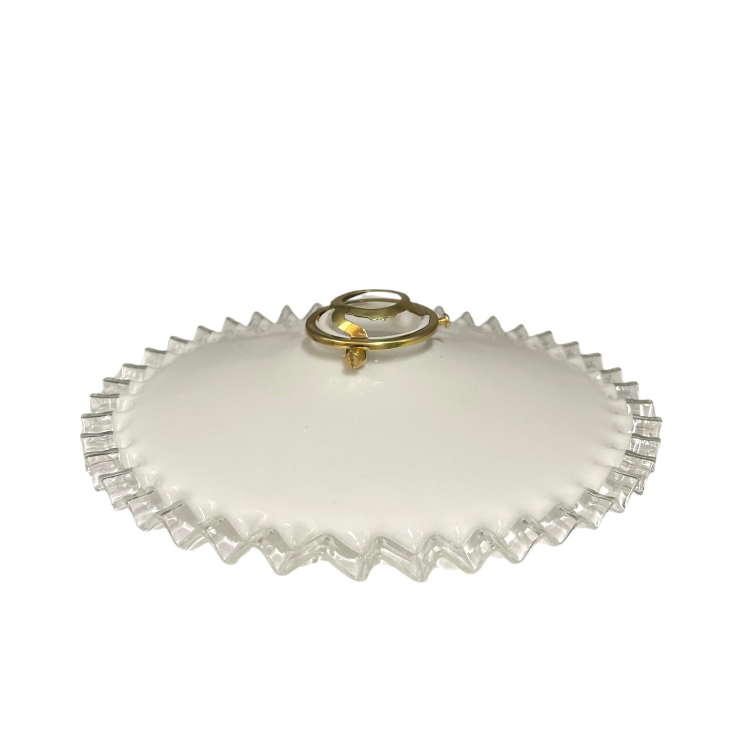 A round white glass lampshade with a scalloped, fluted edge and a small gold-tone ring handle on top, shown against a plain white background.