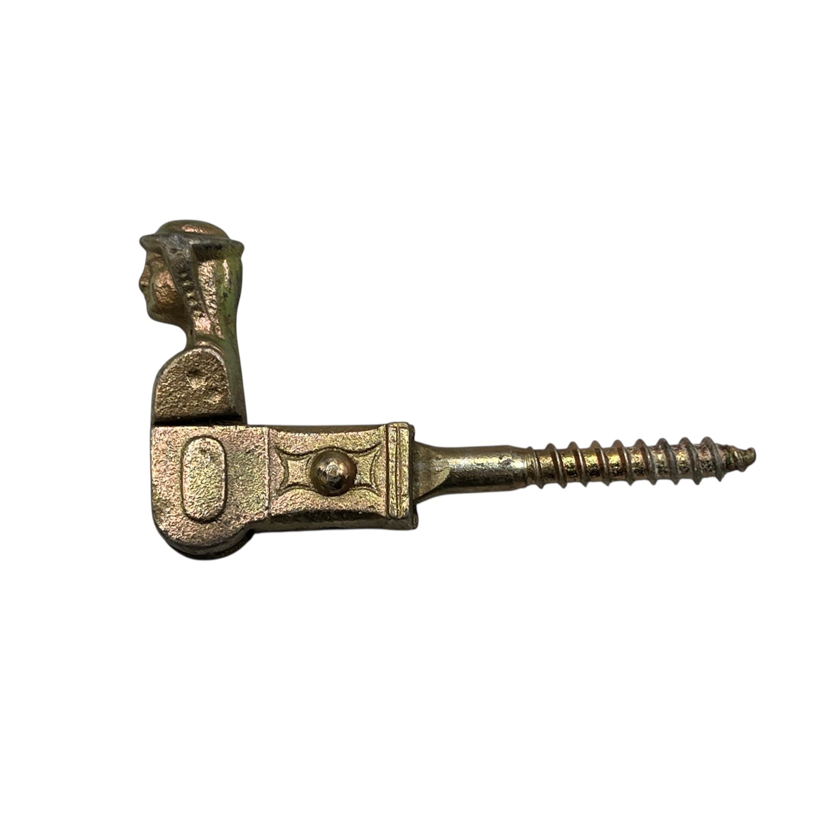 Brass coloured French decorative shutter brackets on a white background