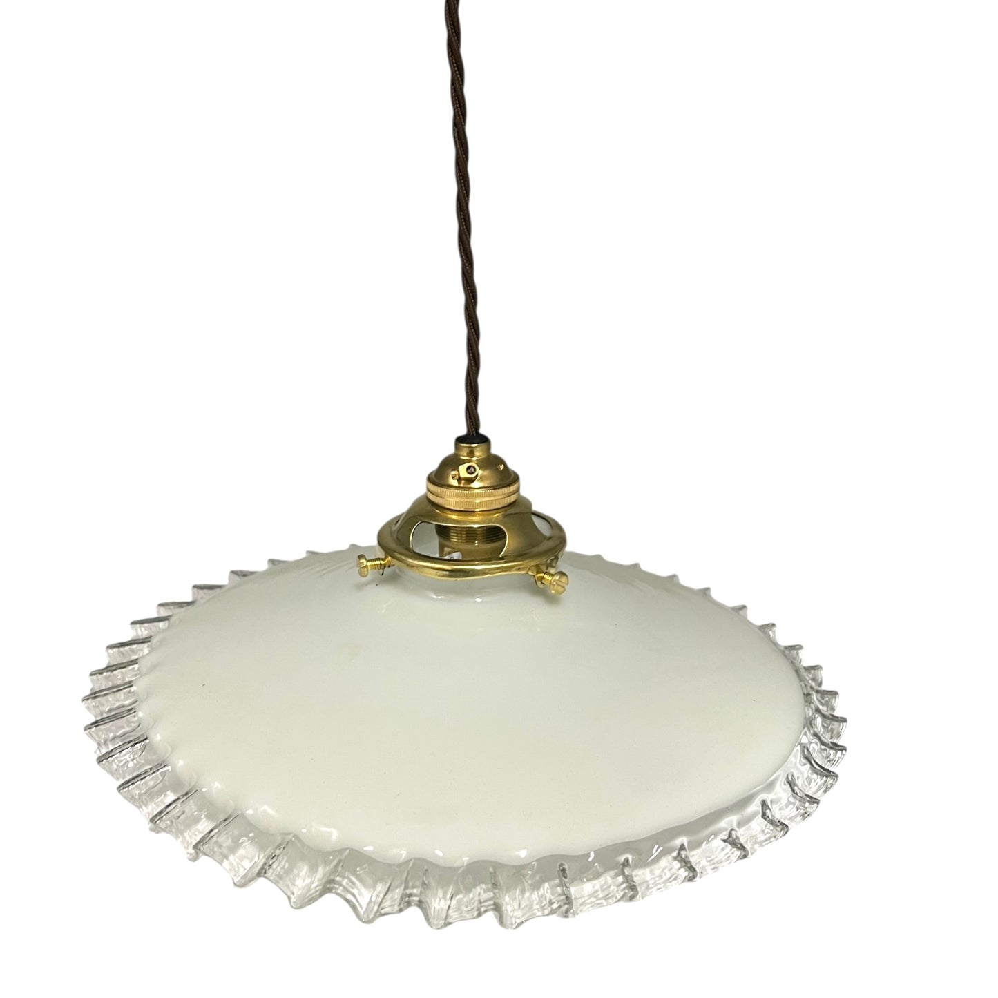 Vintage-style pendant light with white glass shade and brass fitting on a white background