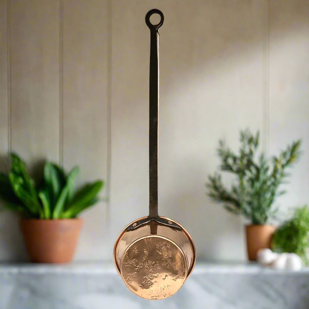 Long Handled Vintage Copper Ladle, Tin Lined Scoop Style Pan with Makers Stamp and black iron handle