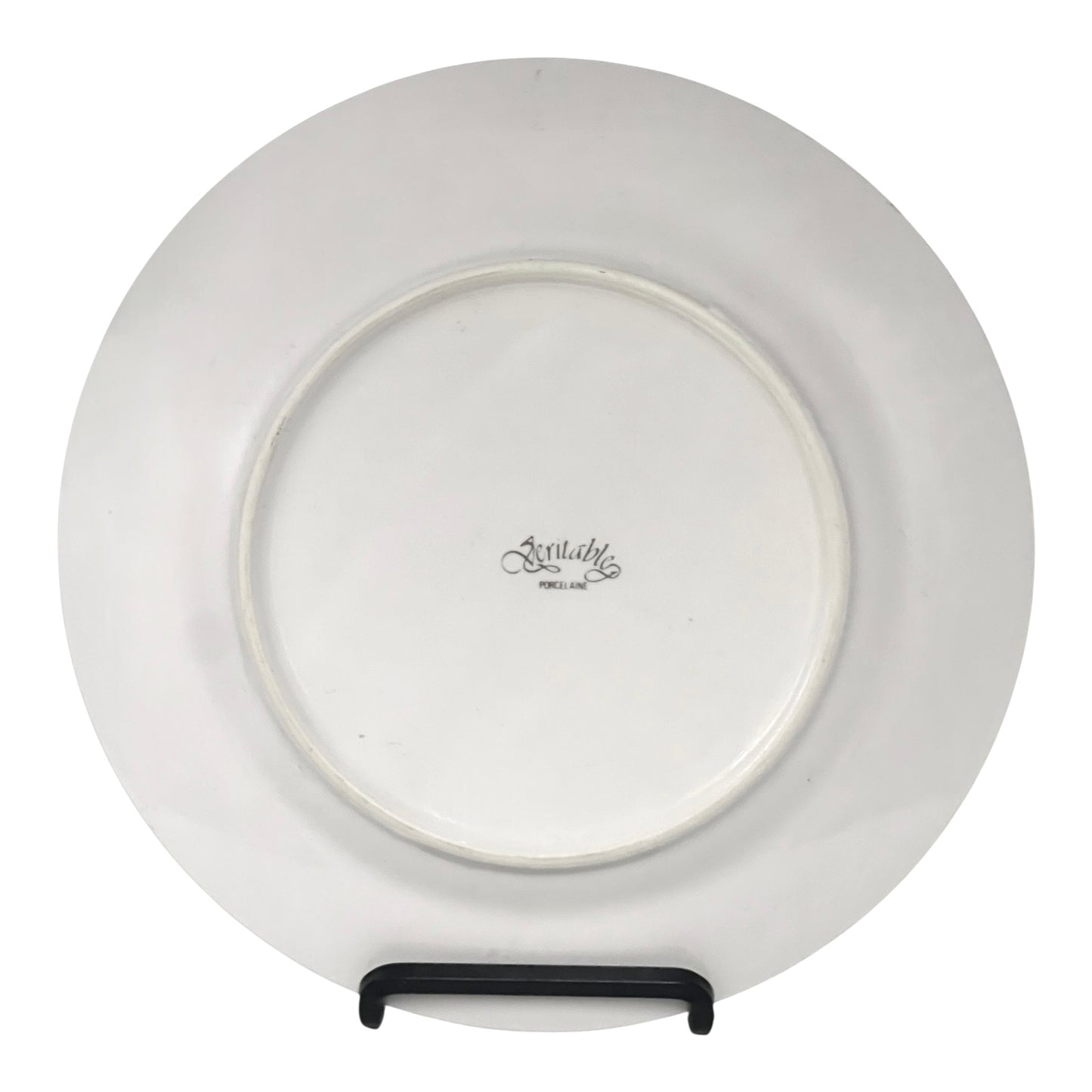 White ceramic plate with a visible brand logo on a white background