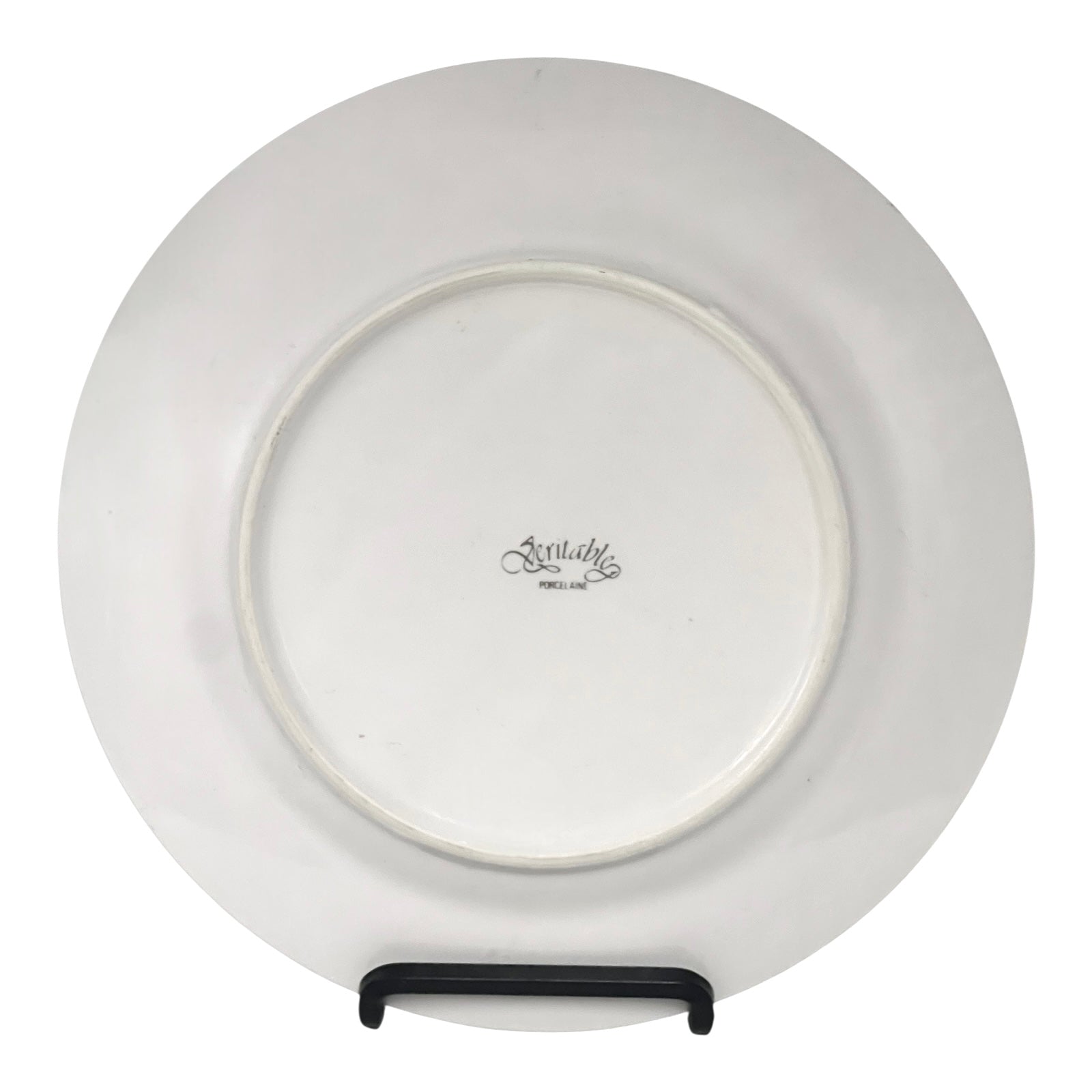 White ceramic plate with a visible brand logo on a white background