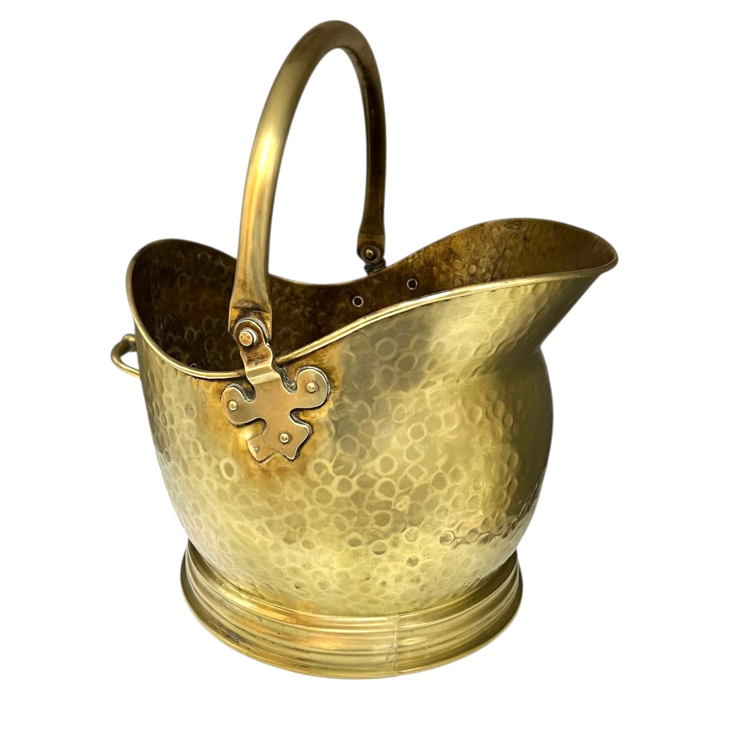 Vintage French brass fireside coal bucket with handle on a white background