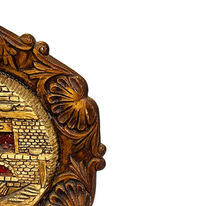 Close up of a raised 3d wood resin wall plaque of a French baker on a white background