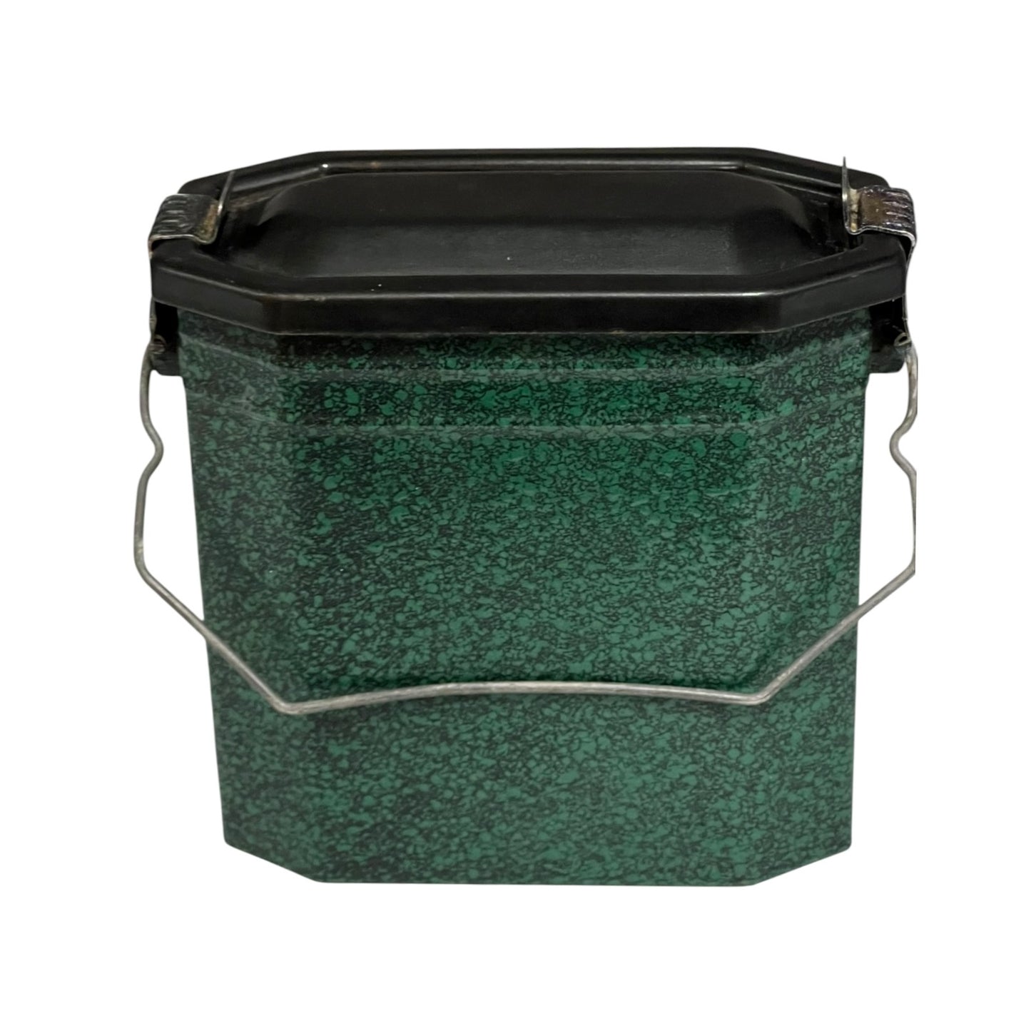 Small green French vintage enamel graniteware lunch box lunch pail with a black lid and metal handle  on a white background