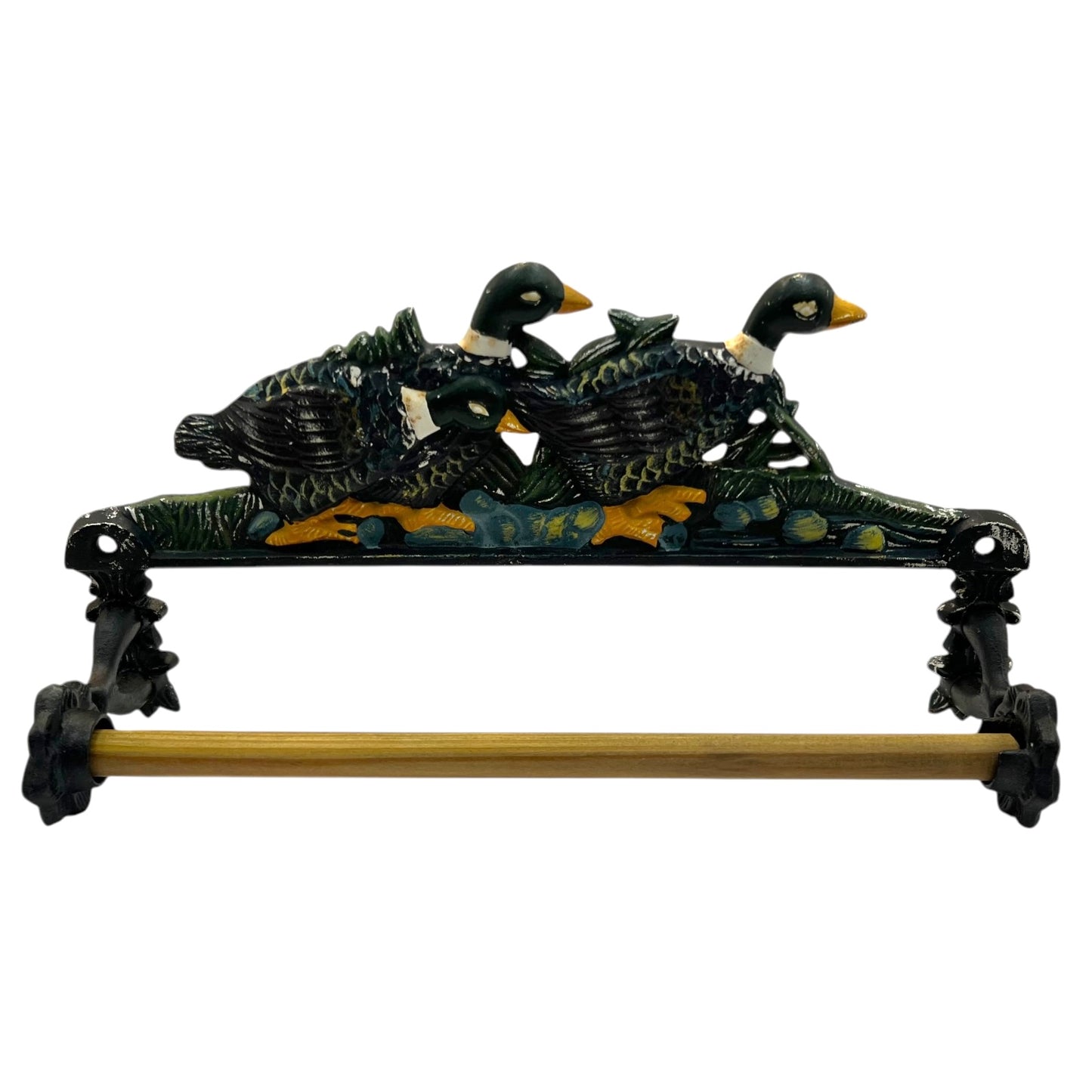 French Cast Iron Kitchen Roll Holder with Vintage Farmhouse Duck Design 