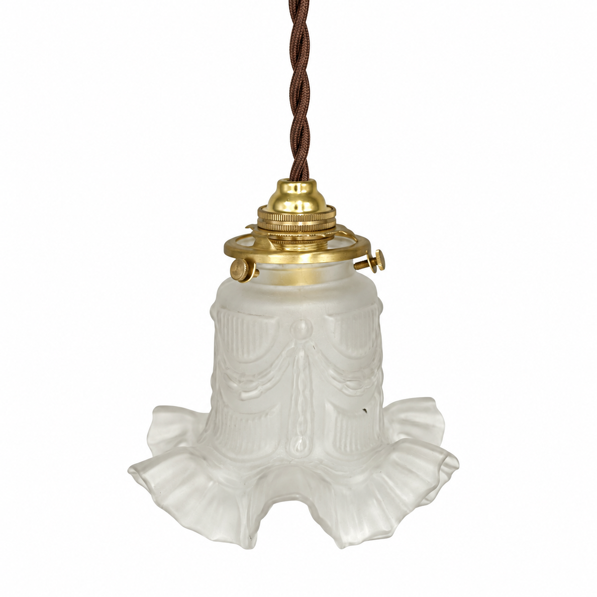 Vintage French Frosted Glass Tulip Lampshade with Brass Gallery