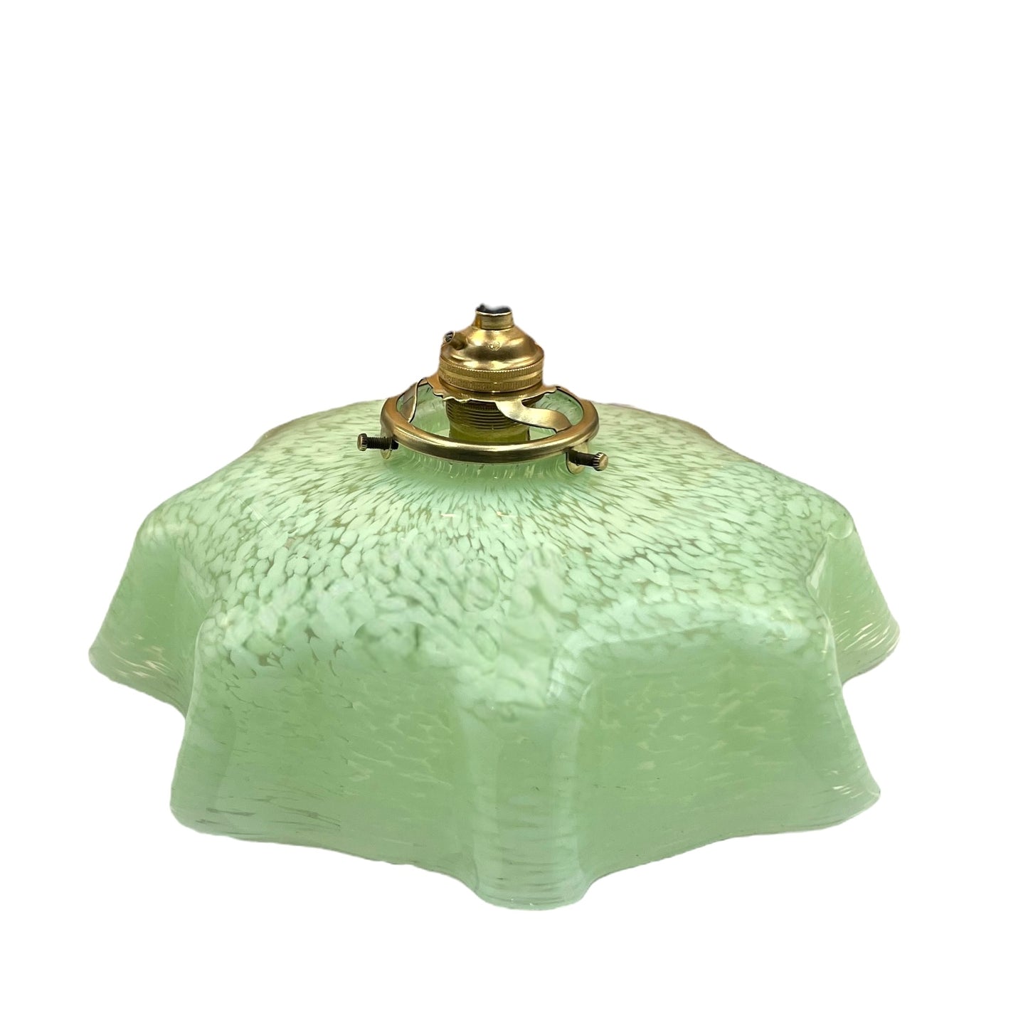 Vintage French Pendant Light, Green Mottled Milk Glass Hanging Lampshade 