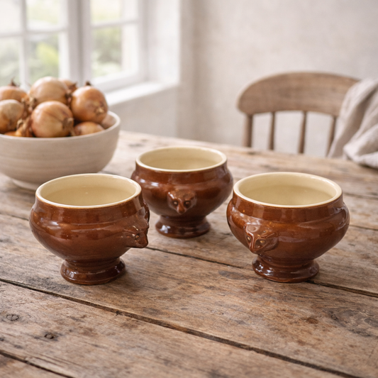 Three brown ceramic onion soup bowls on a wooden table with a bowl of onions in the background.