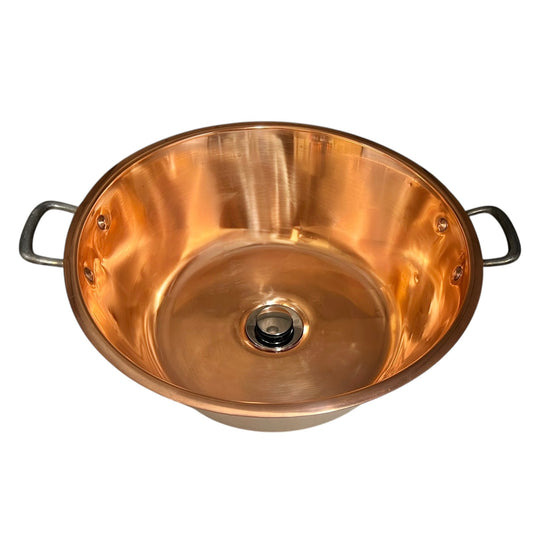 Up cycled French copper sink with handles ideal for a rustic bathroom, vanity or camper van sink on a white background