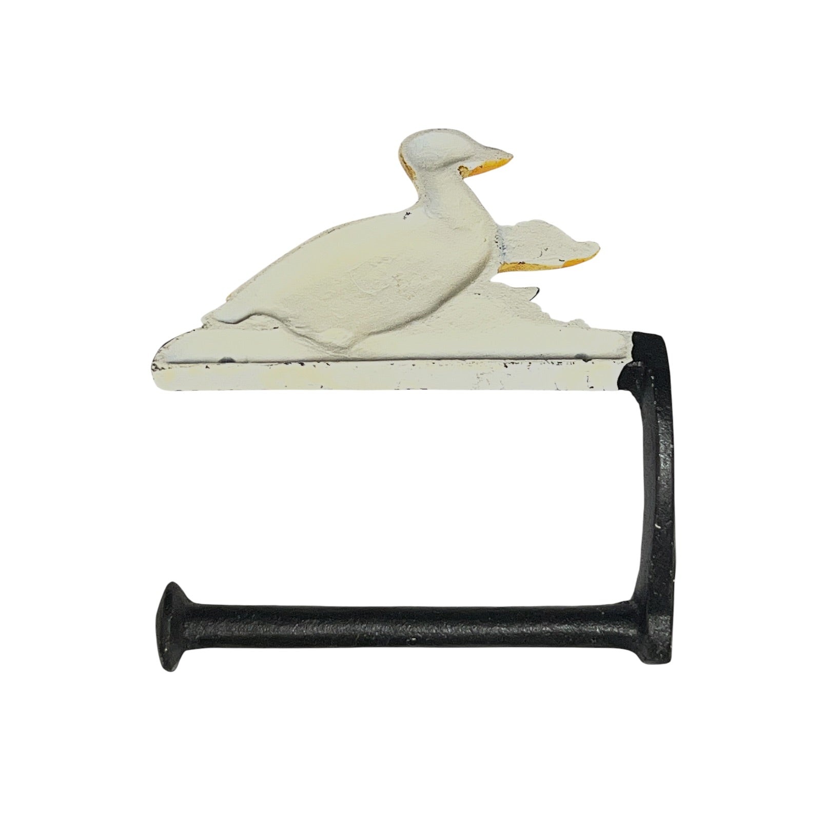 A rustic metal wall hook shaped like a white distressed duck perched on a horizontal bar, with a black L-shaped bracket and a white hanging plate.