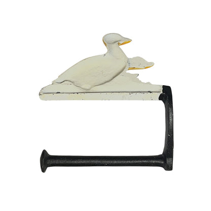 A rustic metal wall hook shaped like a white distressed duck perched on a horizontal bar, with a black L-shaped bracket and a white hanging plate.