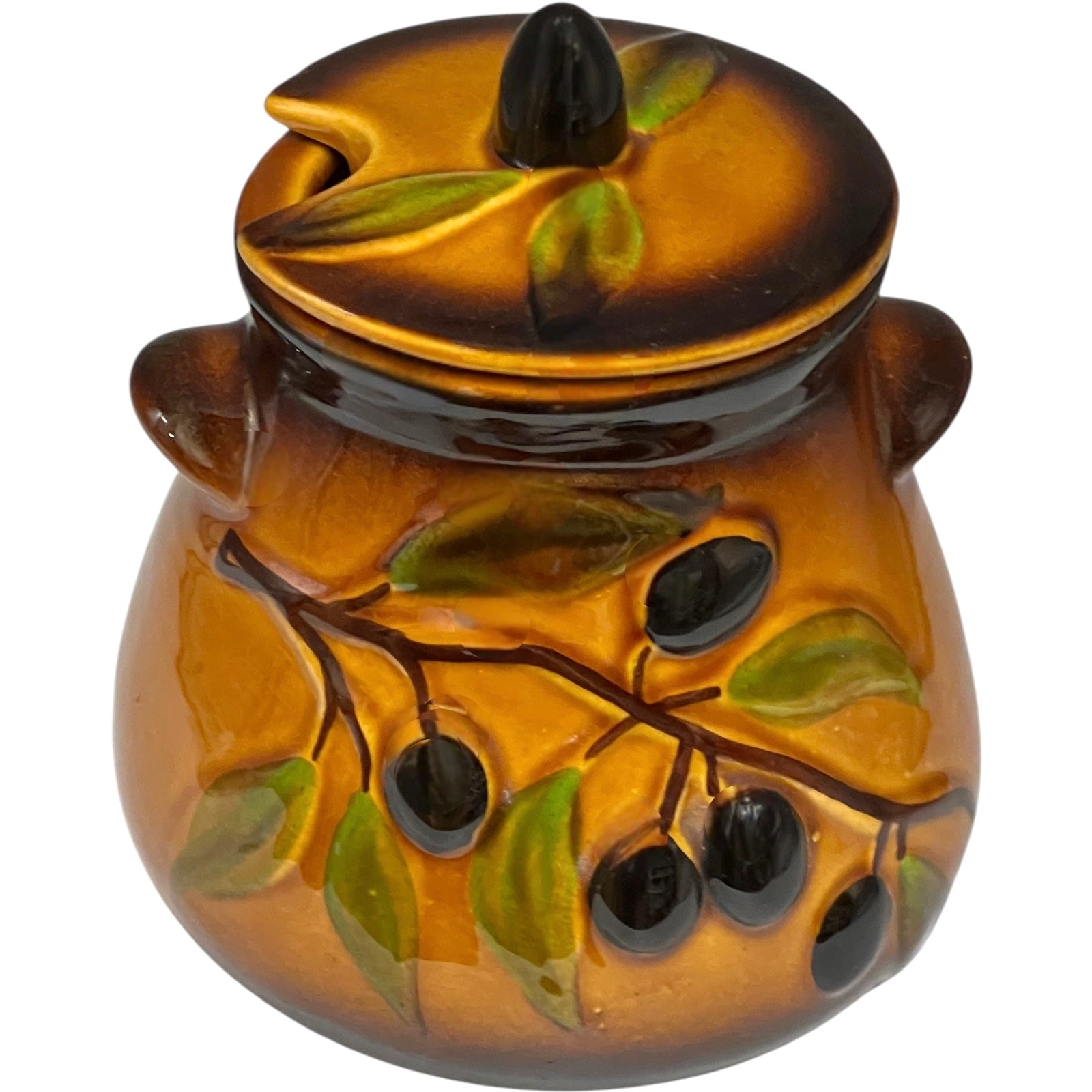 French Olive Jar, French Hand Made Ceramic Glazed Lidded Olive Pot