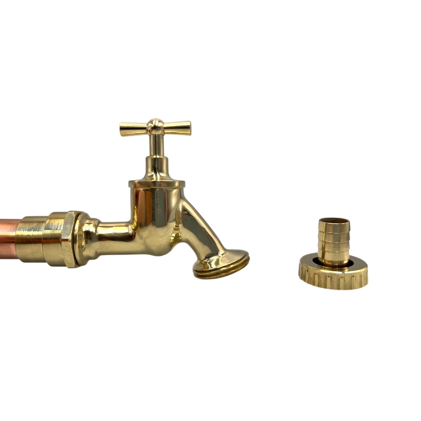 A polished brass tap faucet with a cross-handle valve, shown attached to a copper garden hose, alongside a separate brass hose connector on a plain white background.