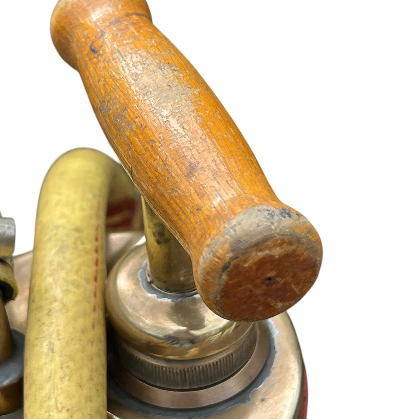 close up of a French copper garden sprayer on a white background 