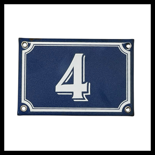French traditional blue and white vintage enamel door number 4 for sale from All Things French Store