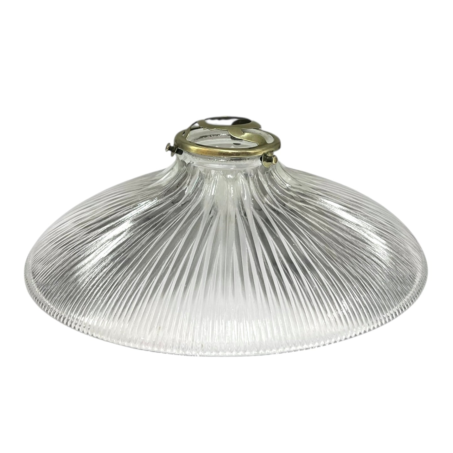 Clear ribbed glass Holophane pendant light on a white background