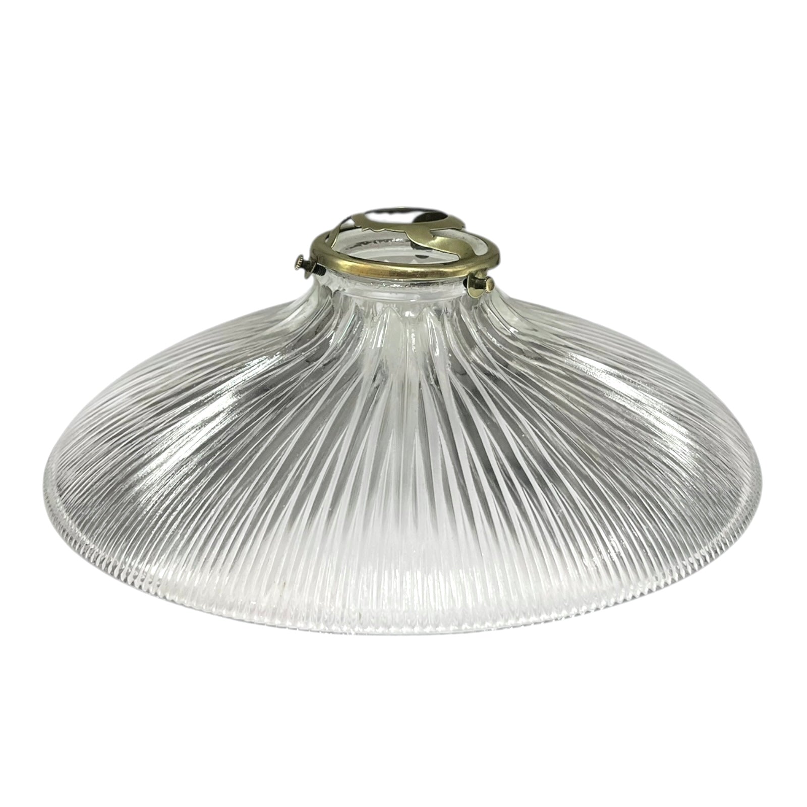 Clear ribbed glass Holophane pendant light on a white background