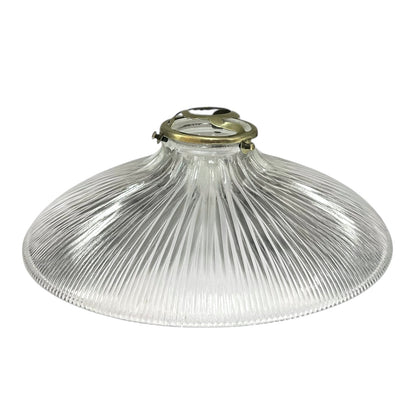 Clear ribbed glass Holophane pendant light on a white background