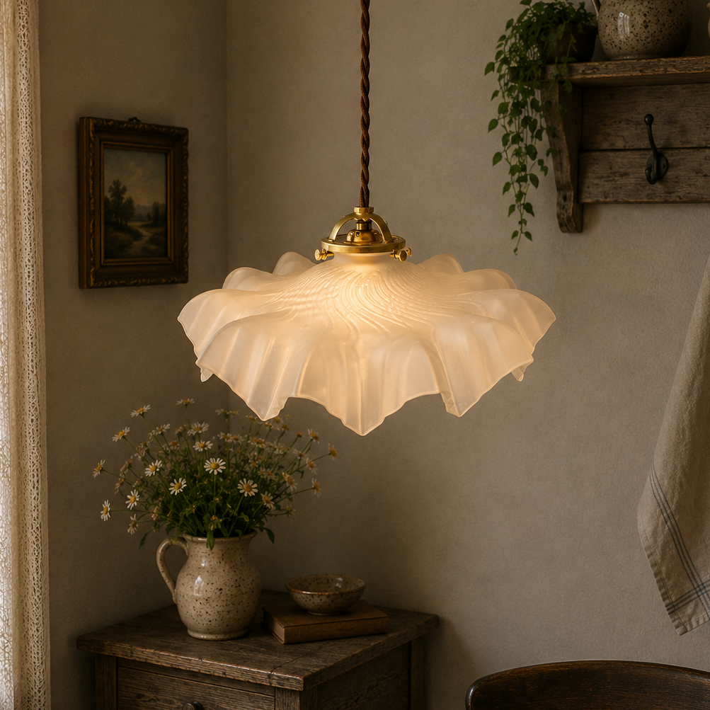 A French vintage frosted clear glass lampshade with a charming frilled edge, featuring a brass collar, bulb holder, and vintage-style twisted wiring. Perfect for adding a touch of period elegance to any vintage-inspired home decor, set hanging from a ceiling in a farmhouse country setting