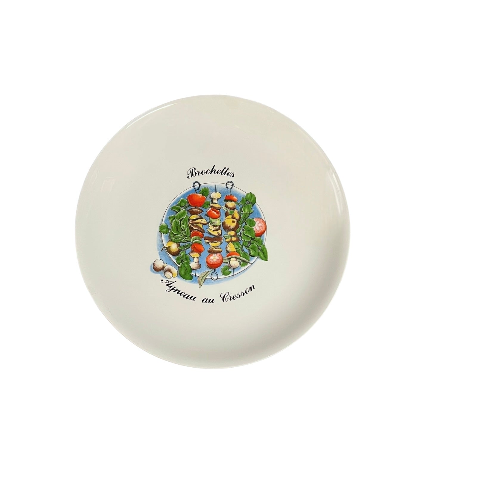 Round ceramic plate with vegetable skewer design and text on a white background