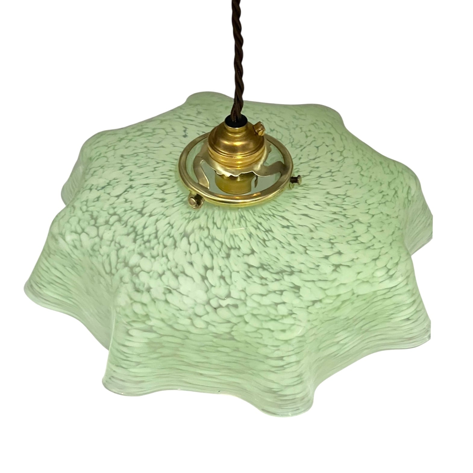 Vintage pendant light with textured green glass shade and brass fitting on a white background for sale rom All Things French Store