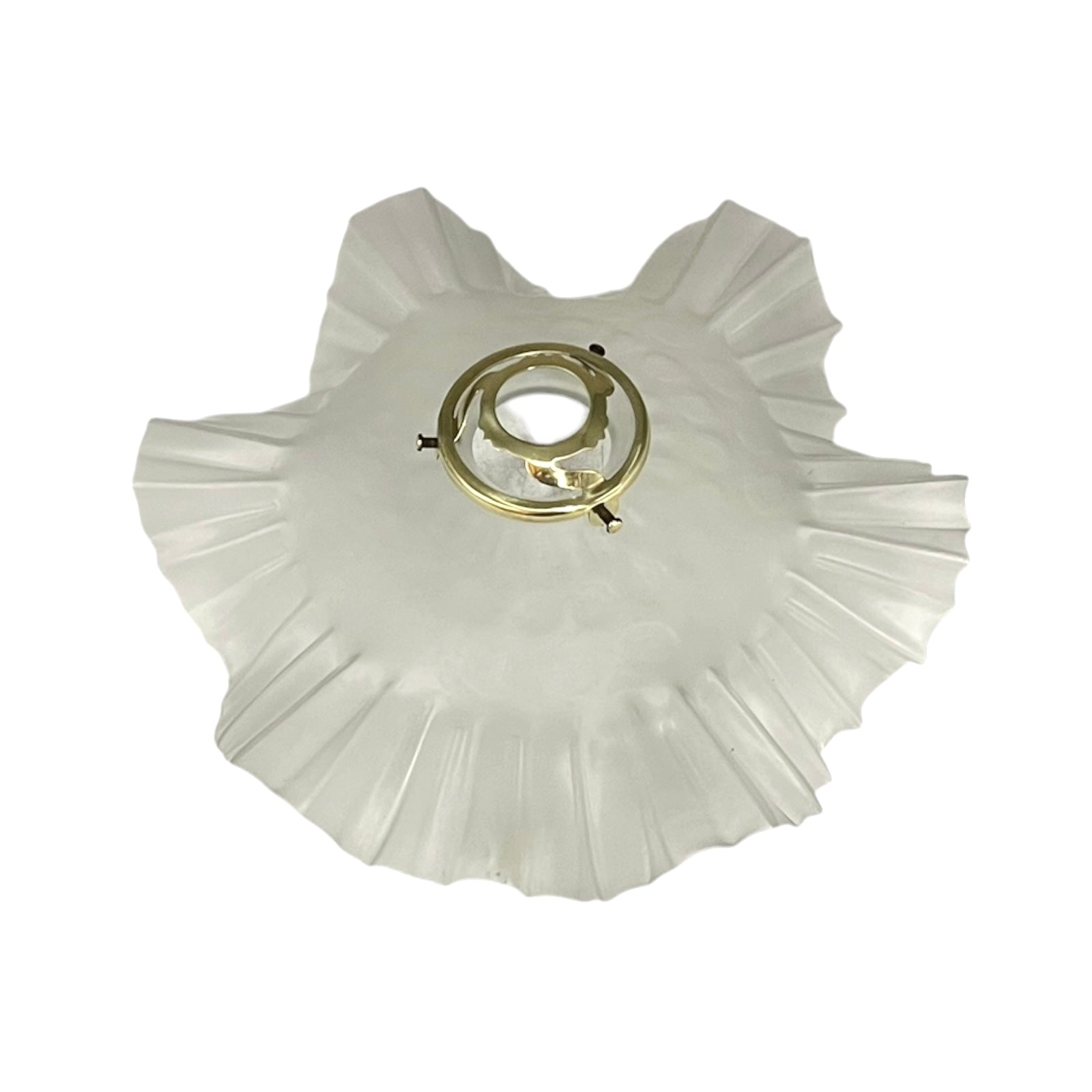 French vintage frosted glass lampshade with a frilled scalloped style edge and a brass collar on a white background