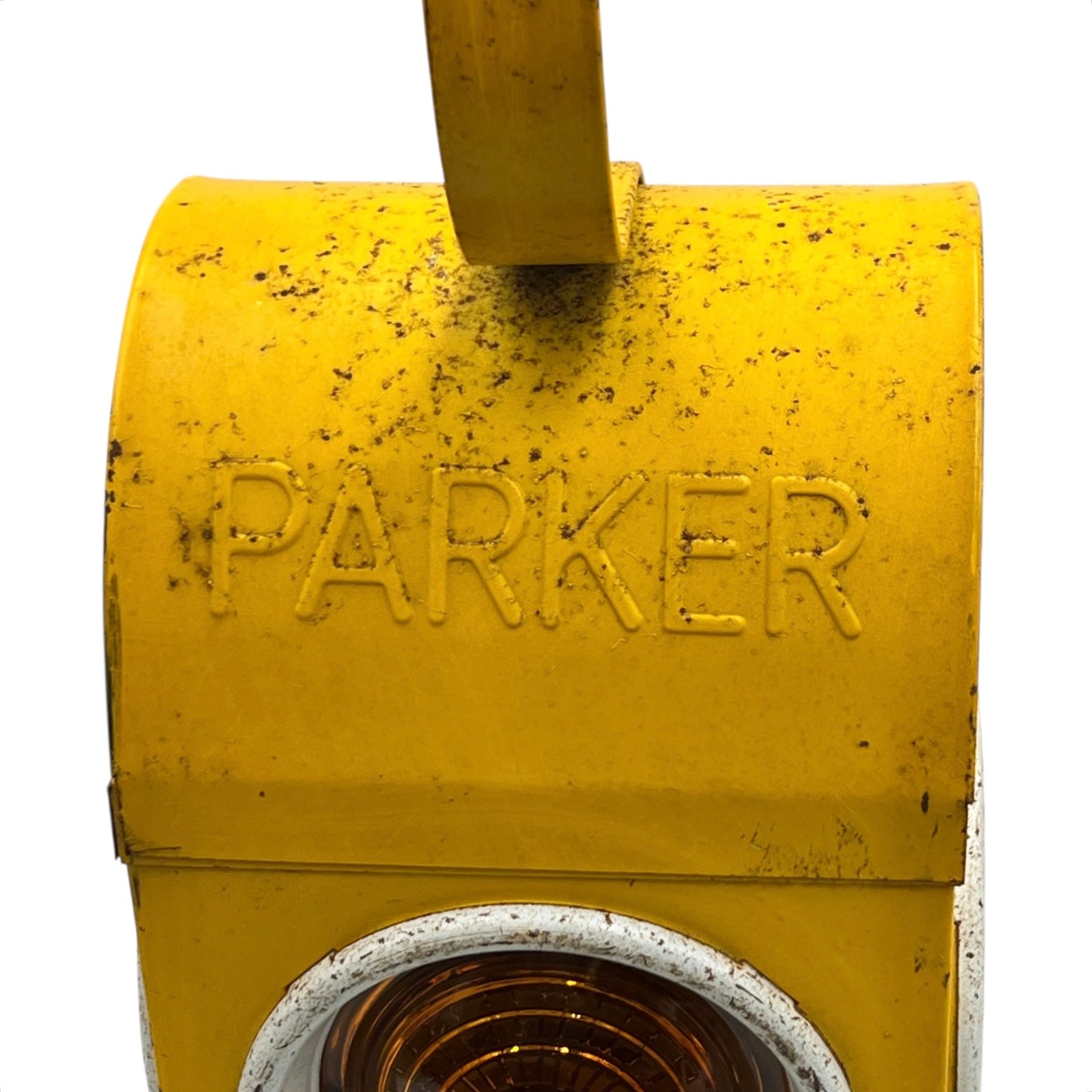 Yellow vintage railway or railroad lamp with a hook showing the makers name of Parker on a white background