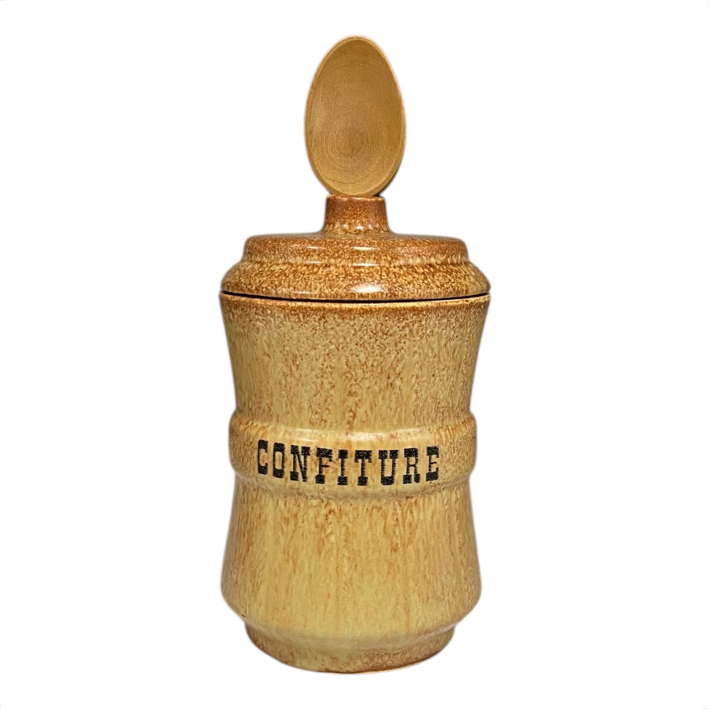 Ceramic confiture jar with a lid on a white background