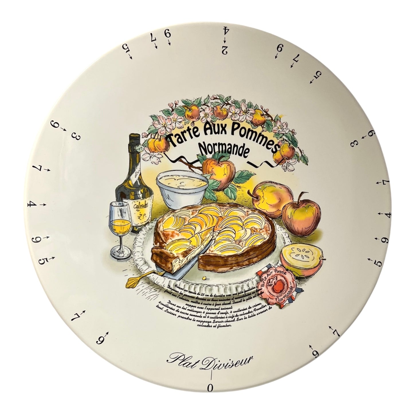 Decorative serving platter with a design of a tart and apples on a white background