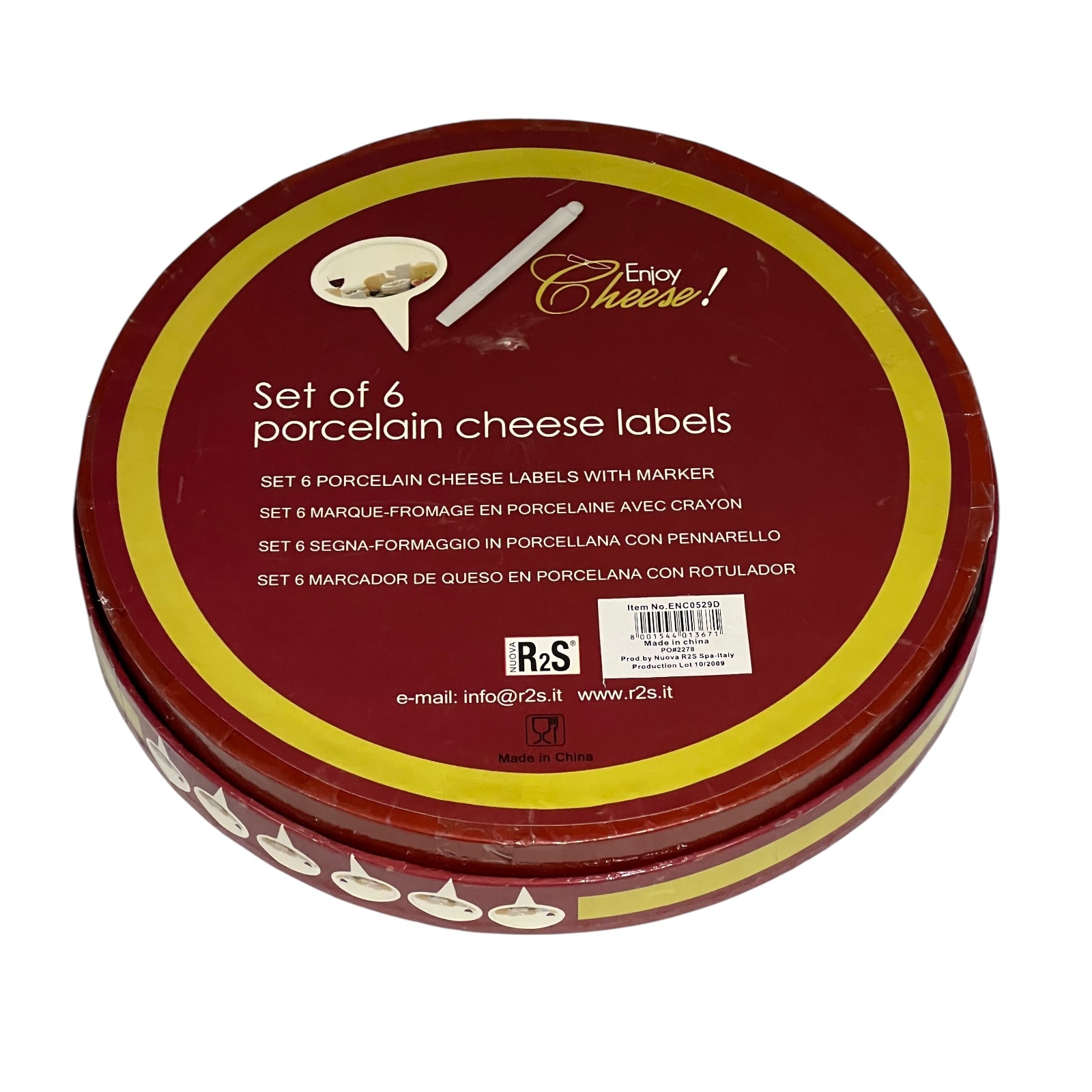 Close up of a porcelain cheese label in a red box on a white background