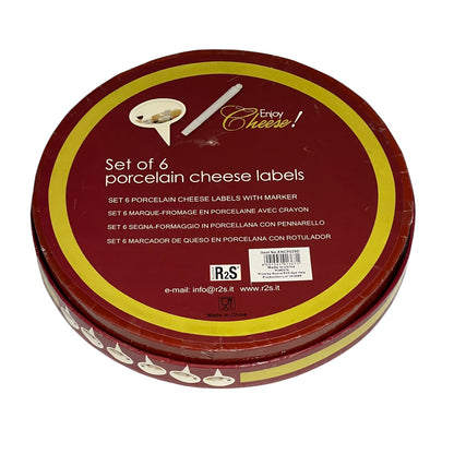 Close up of a porcelain cheese label in a red box on a white background