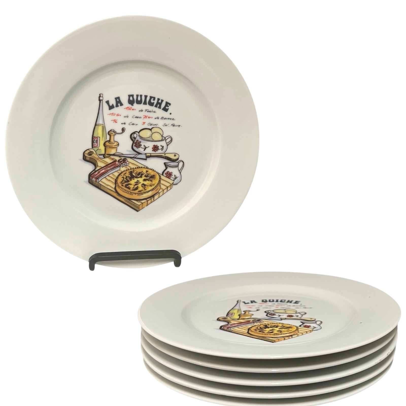 Set of ceramic plates with 'La Quiche' design on a white background