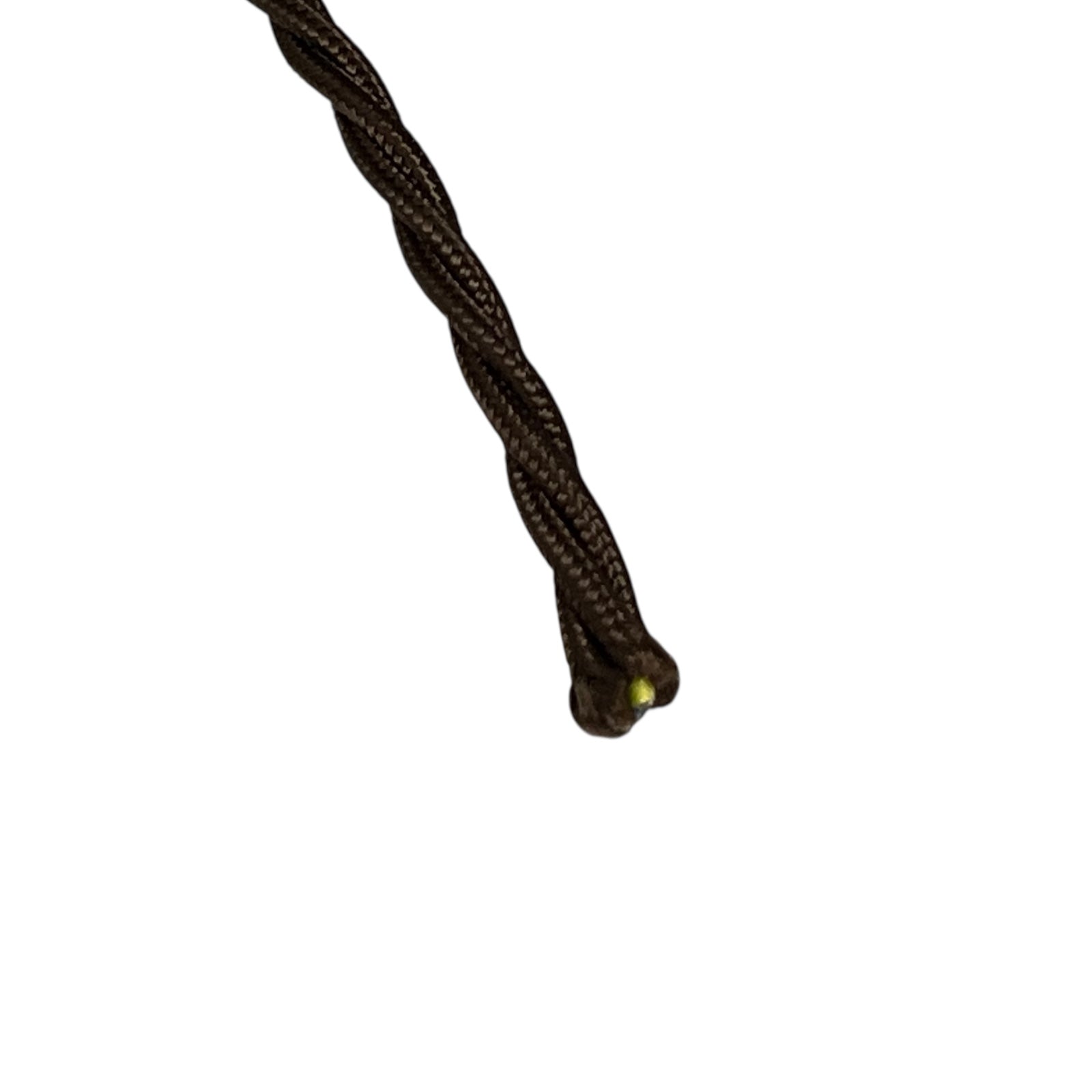 Close-up of a dark brown twisted fabric light cable on a white background