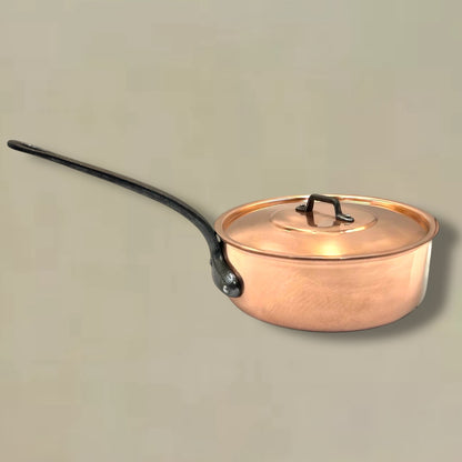 Vintage French Copper Frying Pan, Deep Saute Pan with Lid, Tin Lined 1.5mm 