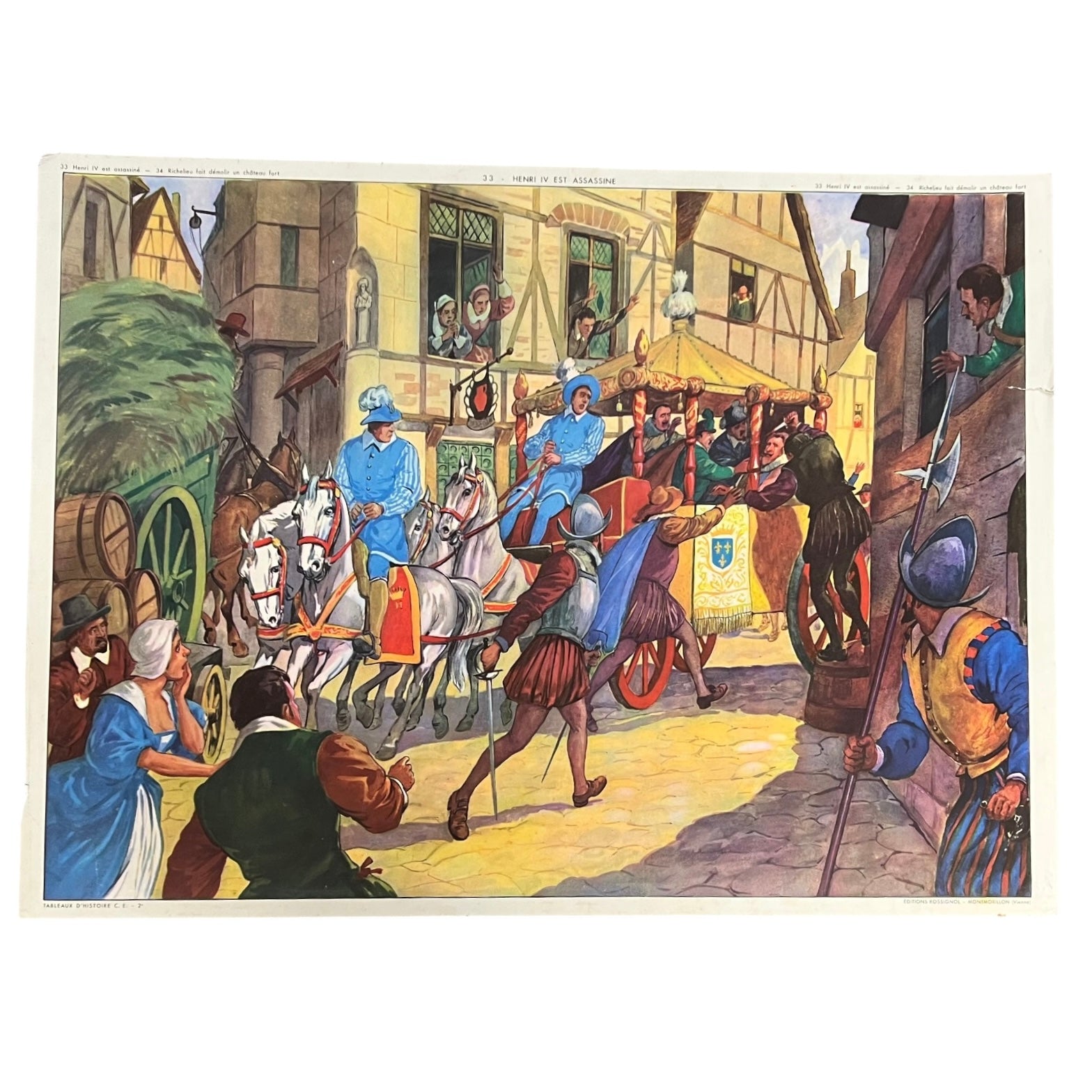 Vintage illustration of a historical scene with people on horseback and in period clothing.