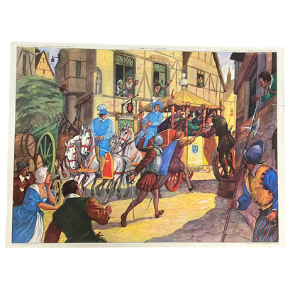 Vintage illustration of a historical scene with people on horseback and in period clothing.