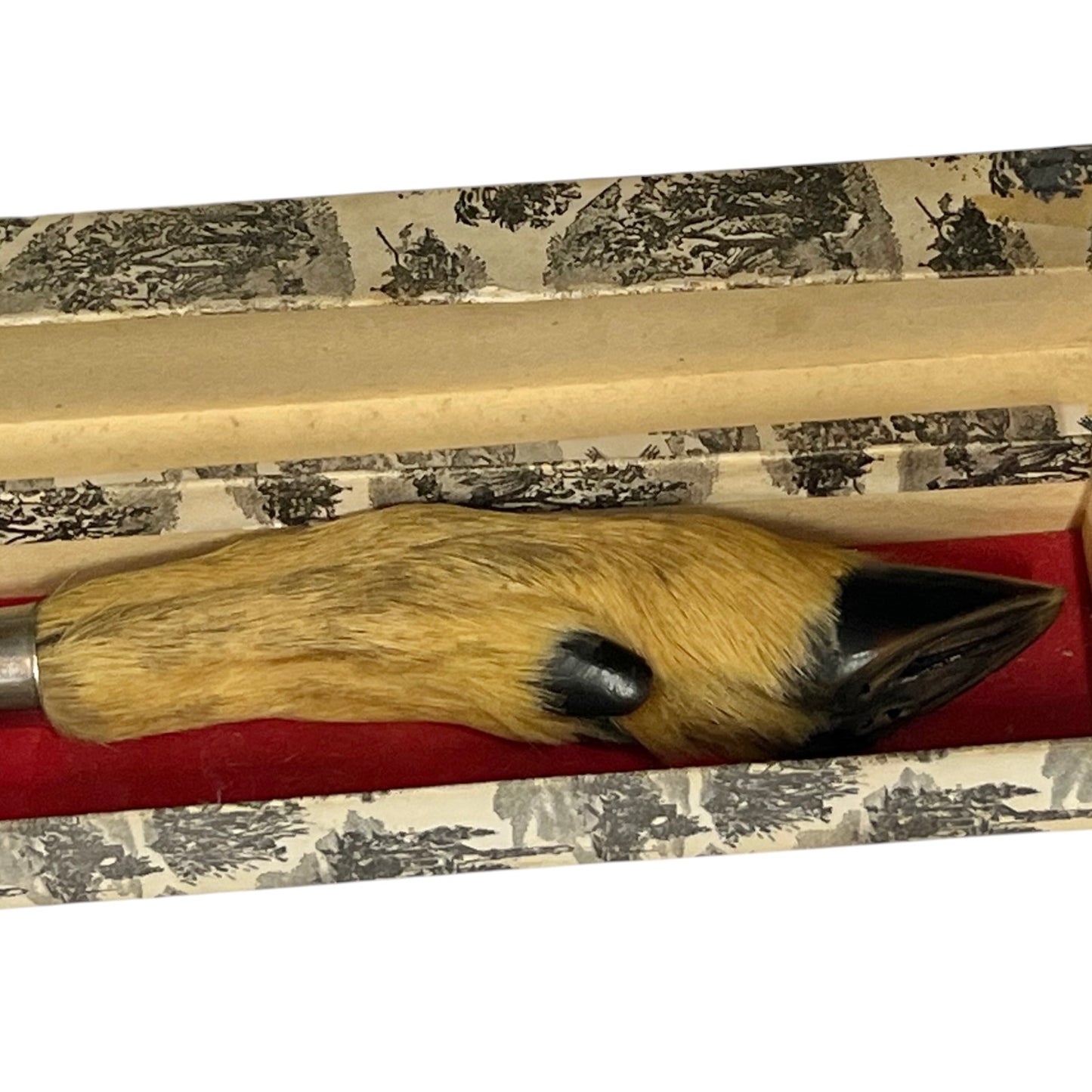 A decorative knife with a real deer hoof handle, featuring a tan and brown textured body, a black beak, and a black eye, resting inside its patterned presentation box